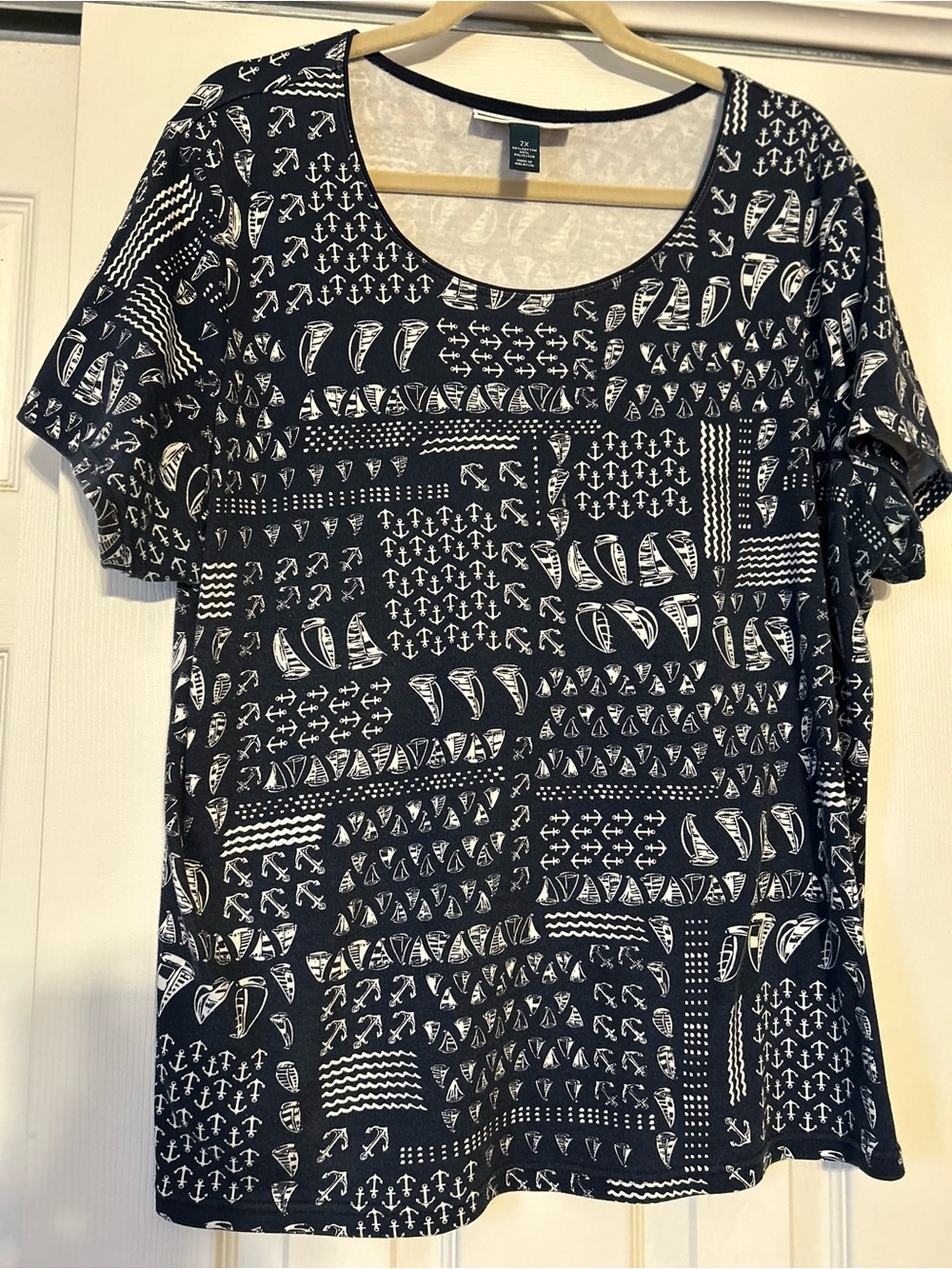 Karen Scott Nautical Patchwork Shirt 2X Navy Blue White Anchor Sailboat Scoop Ne